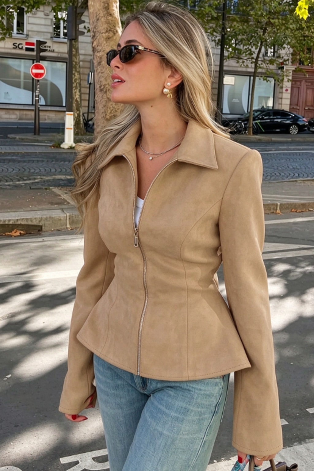 Khaki Jacket Retro Peplum Zip-Up - 3