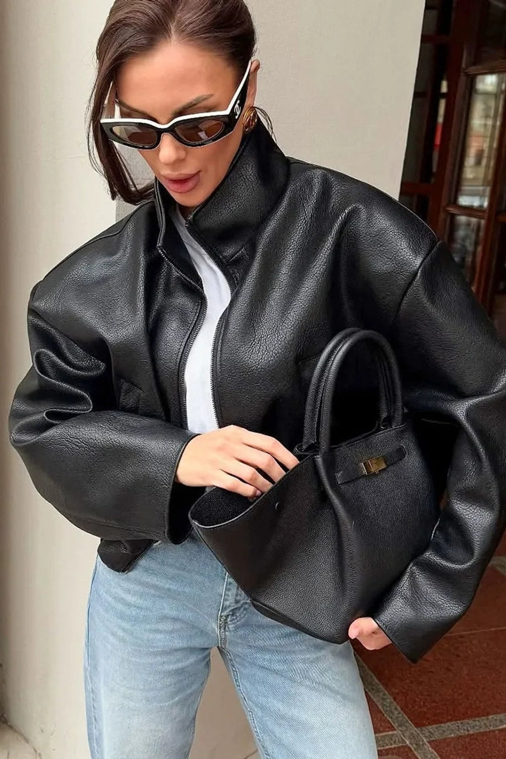 Leather Biker Jacket Cropped Retro - 2