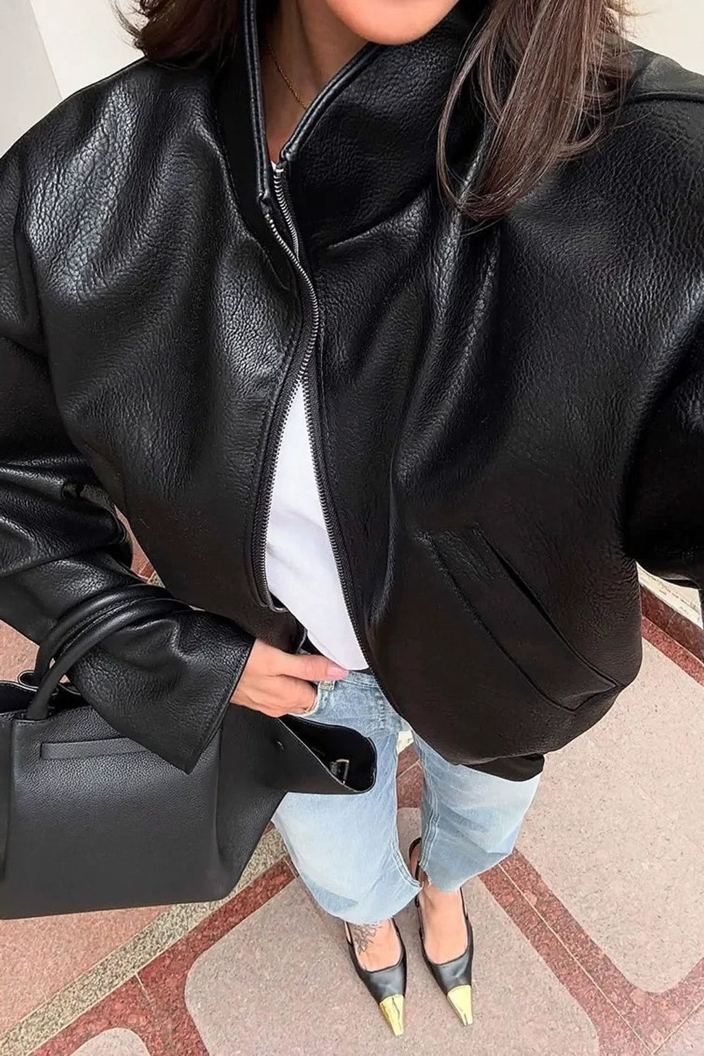 Leather Biker Jacket Cropped Retro - 4