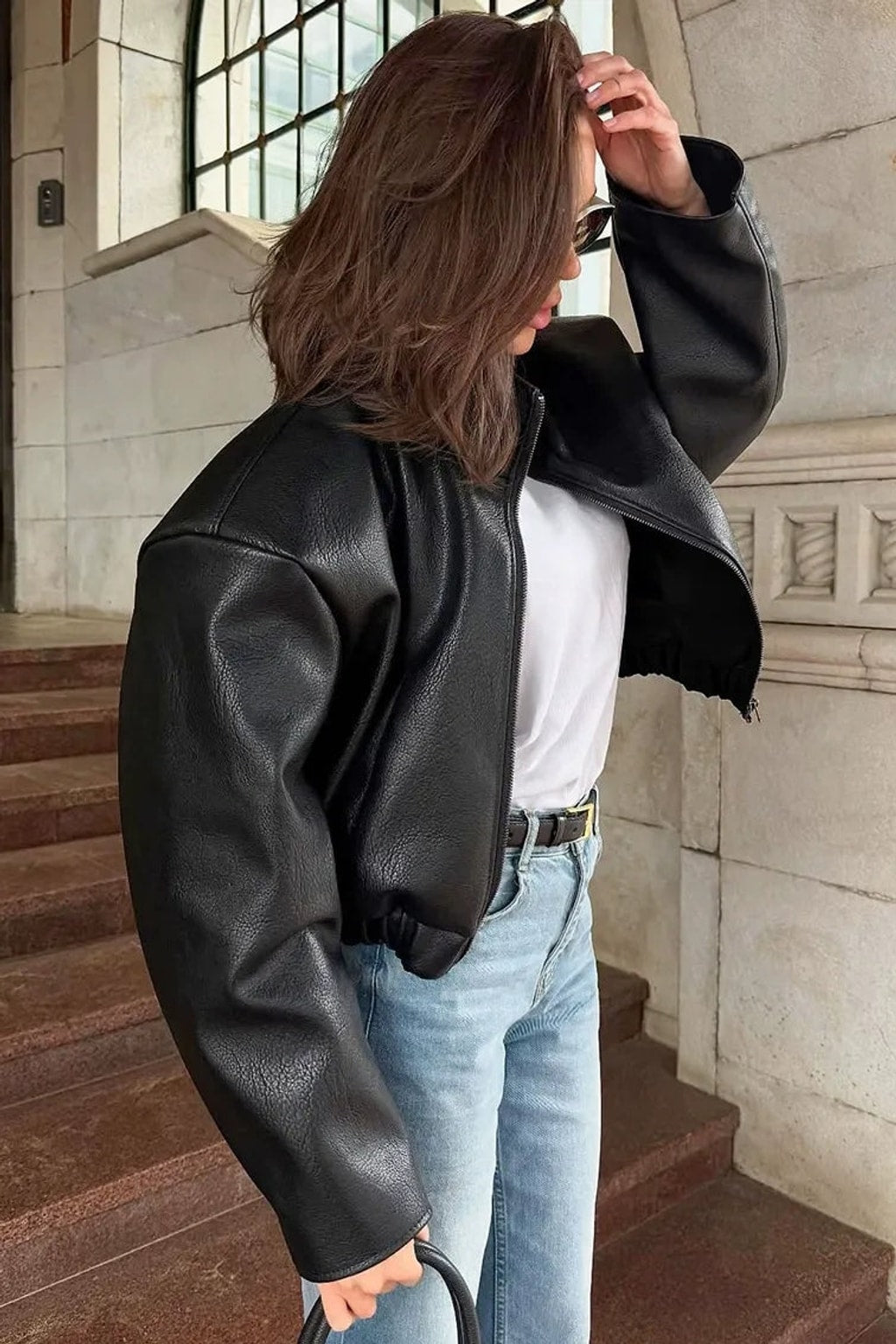 Leather Biker Jacket Cropped Retro - 5