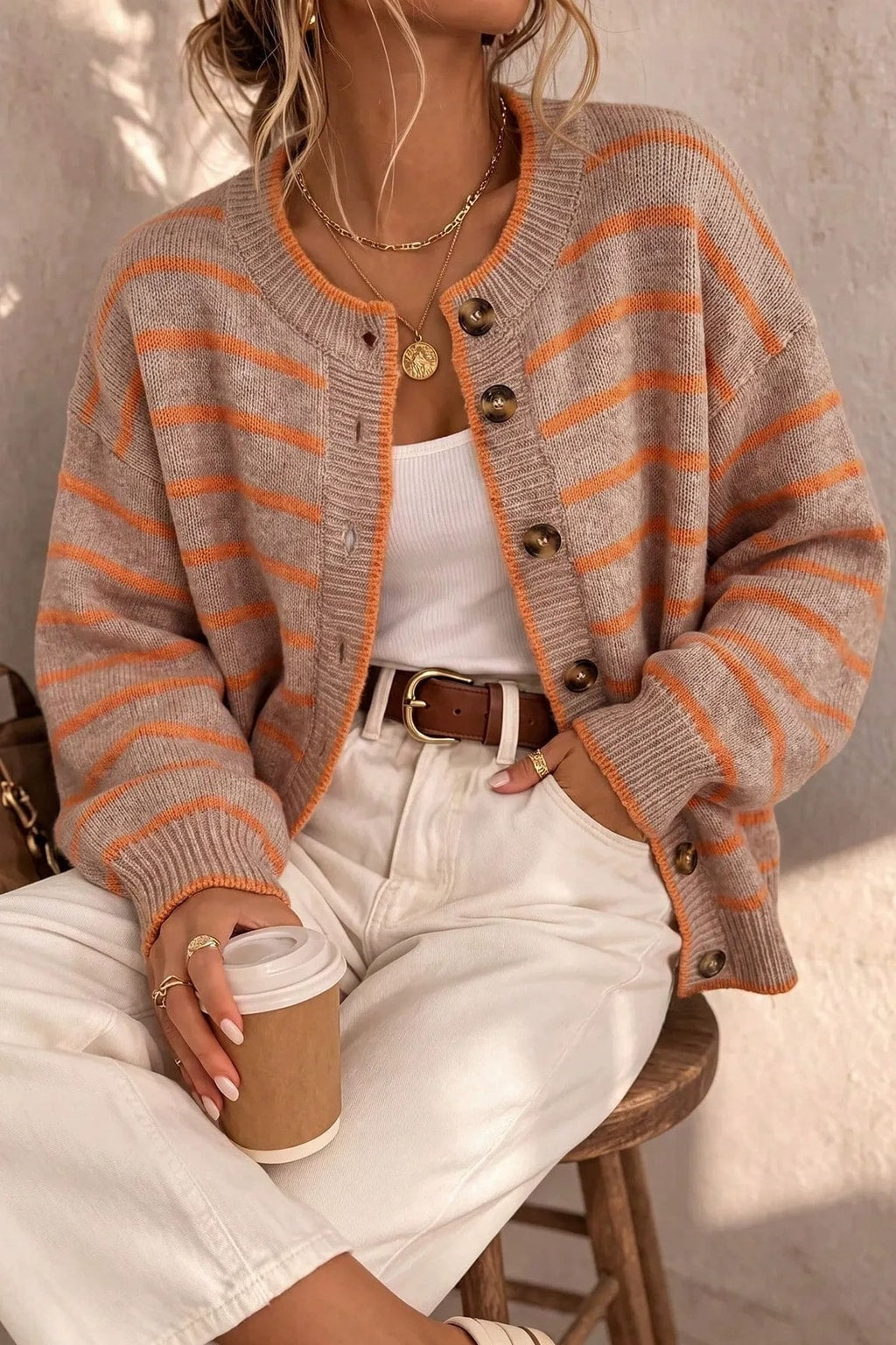 Knit Cardigan Striped Casual Button-Front Sweater - 4