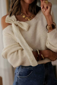 Knit Top Off-Shoulder Bow Detail - 2