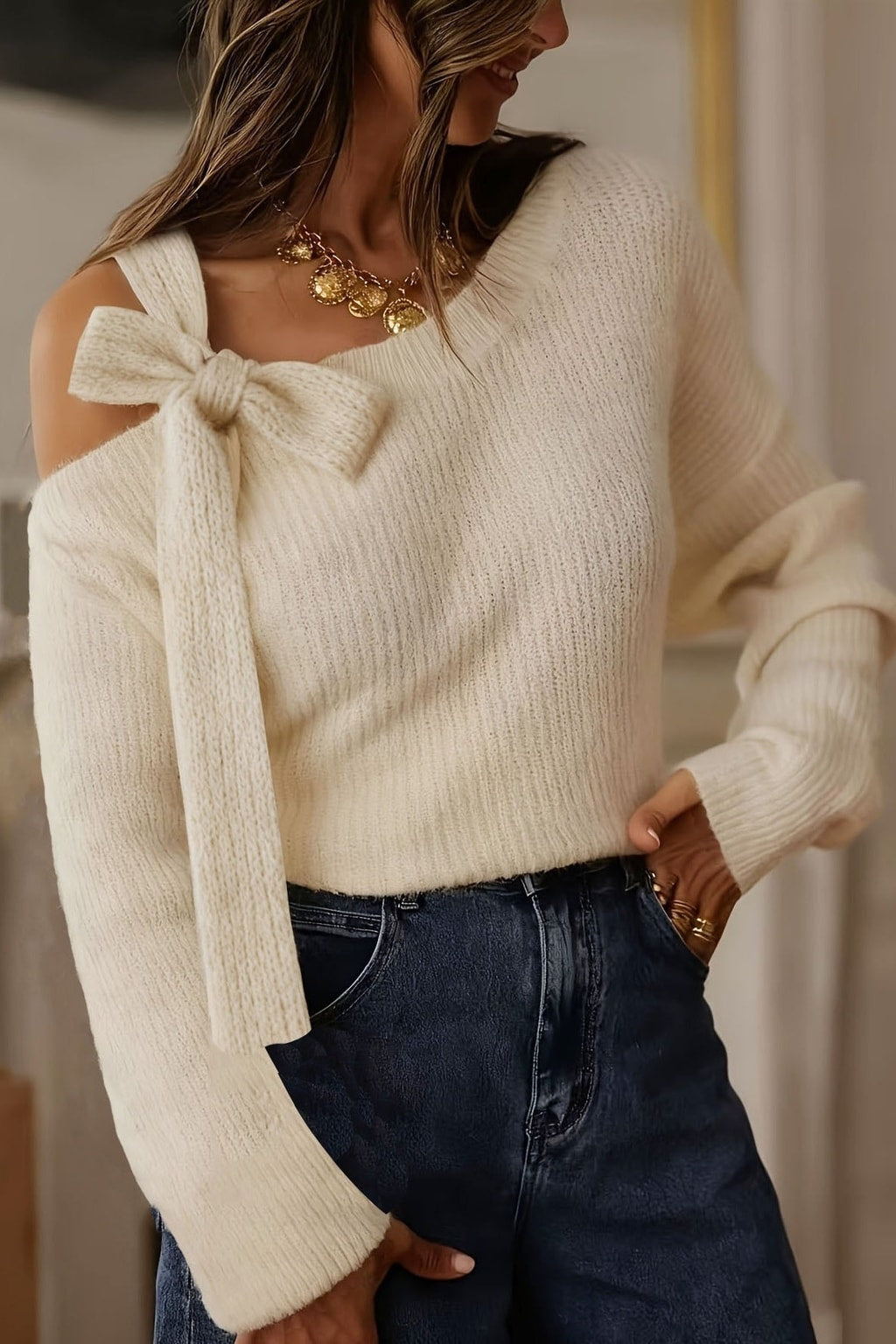 Knit Top Off-Shoulder Bow Detail - 3