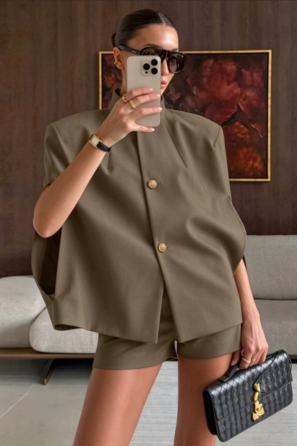 Textured Vest And Shorts Set Khaki Tailored Co-Ord - 2