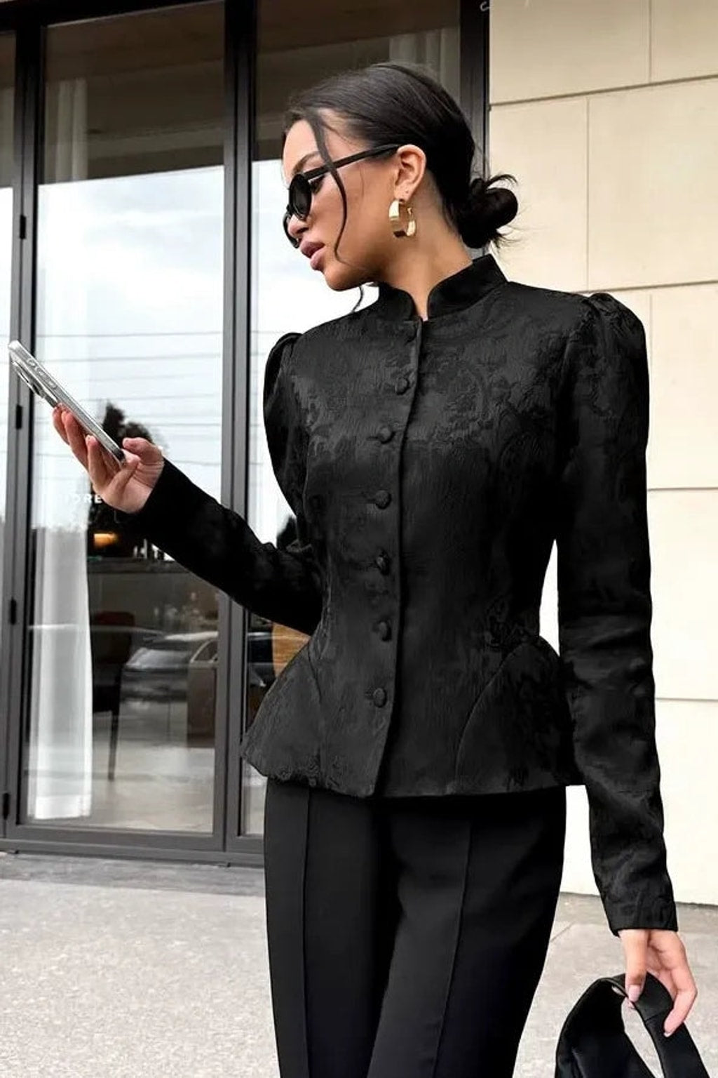 Jacquard Cropped Top With Puff Sleeves - 3
