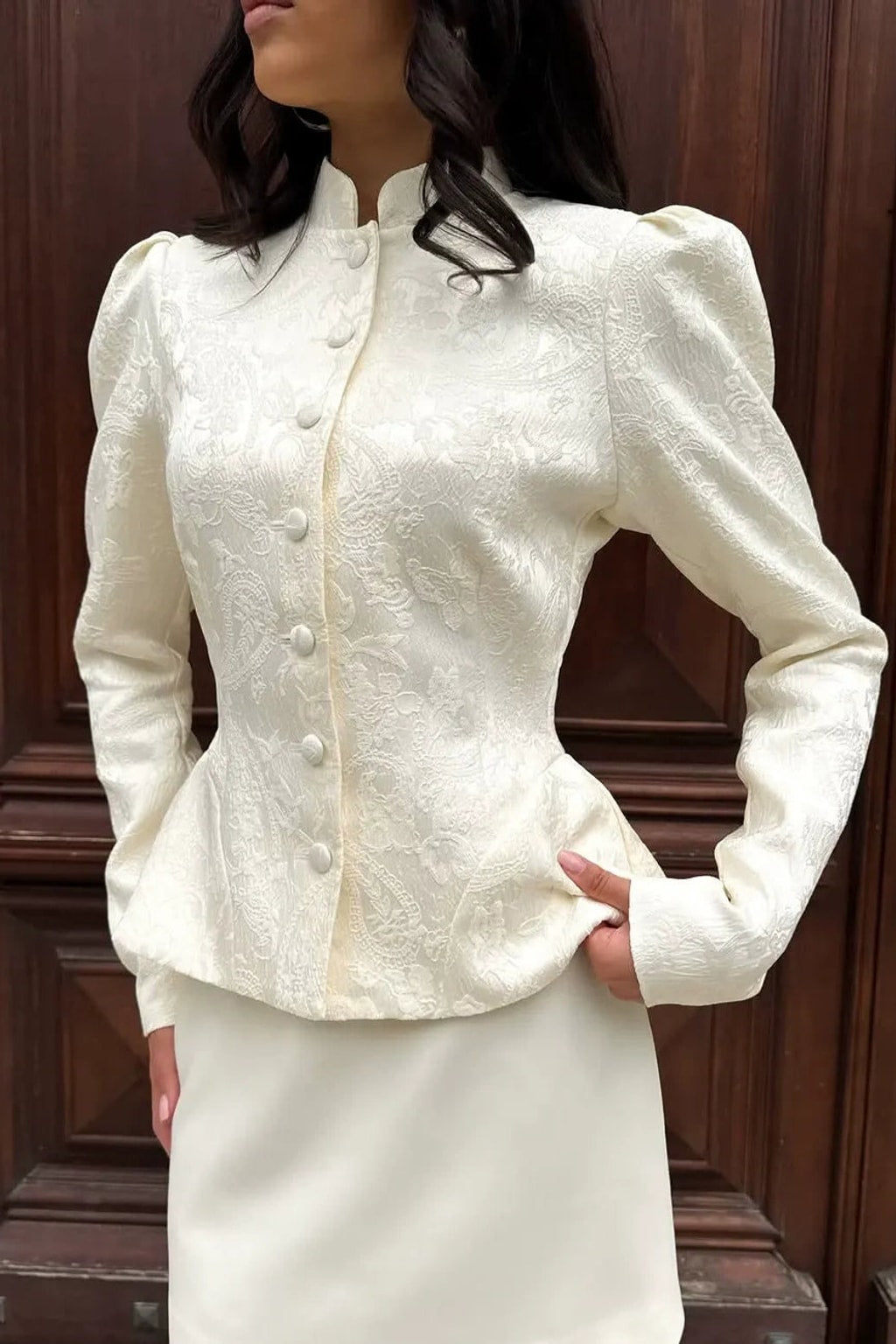 Jacquard Cropped Top With Puff Sleeves - 4
