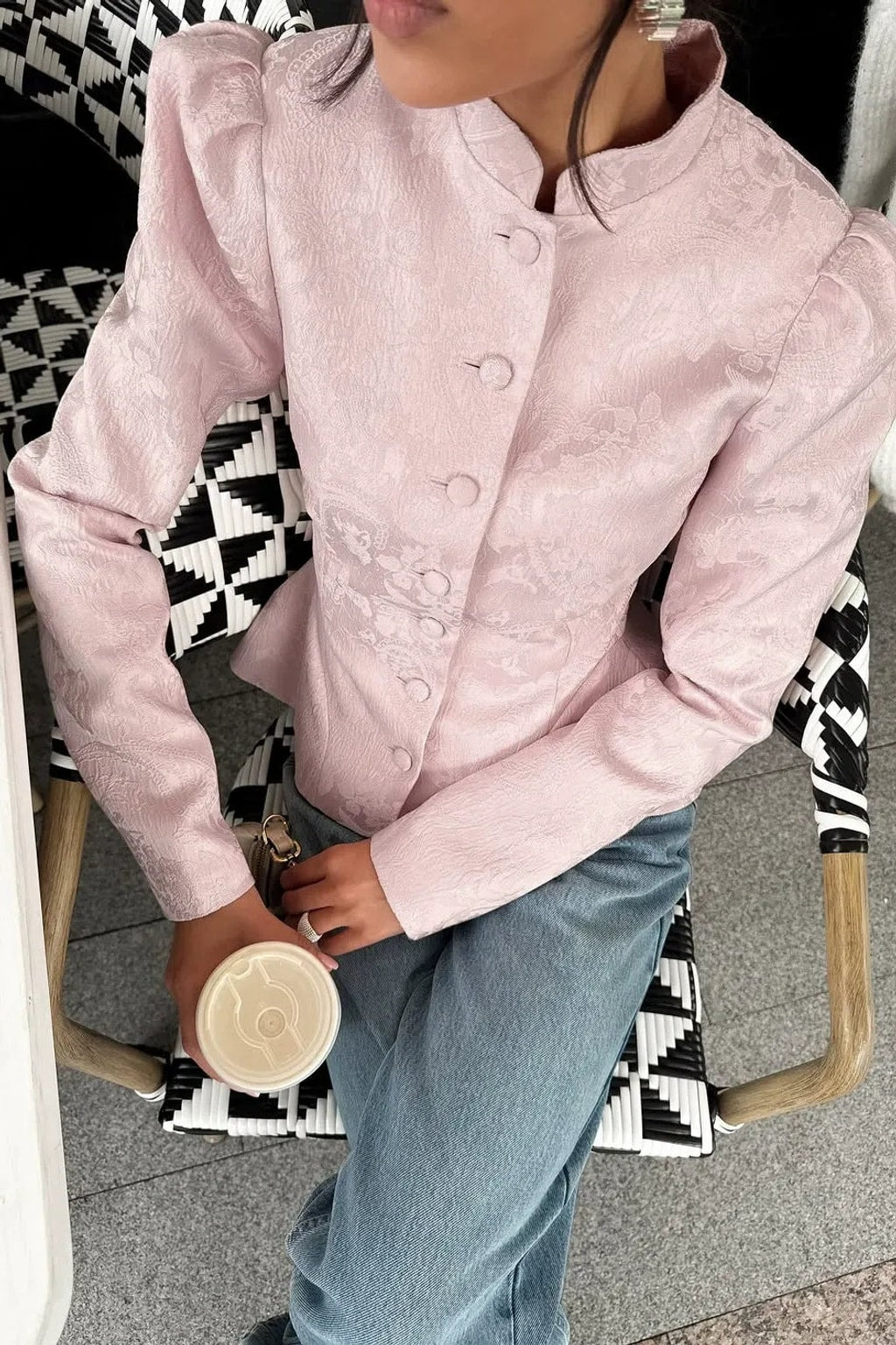 Jacquard Cropped Top With Puff Sleeves - 5