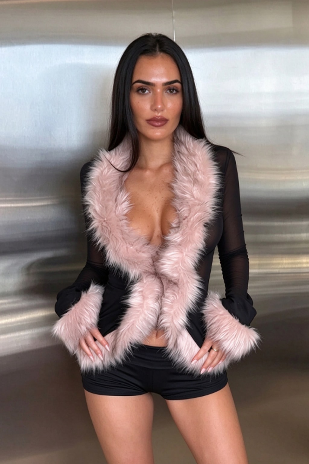 Mesh Crop Top with Fuzzy Trim Long Sleeve - 3