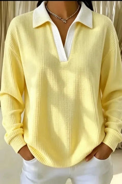 Cotton Waffle Knit Polo Blouse Casual Drop Shoulder - 1