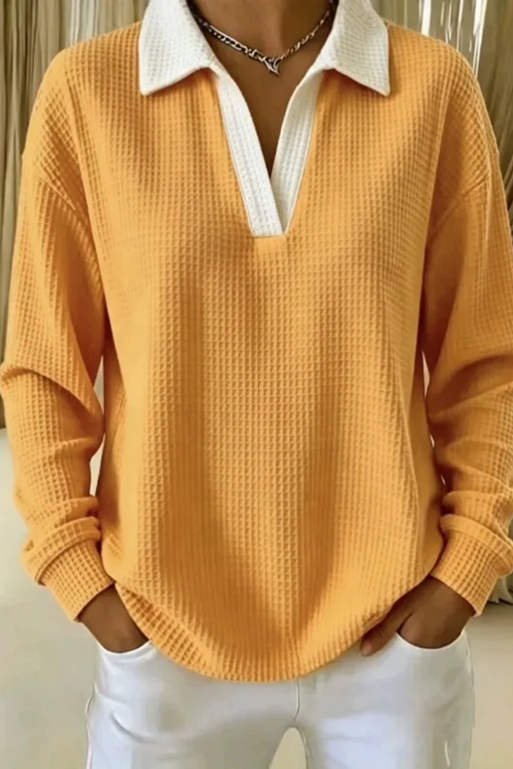 Cotton Waffle Knit Polo Blouse Casual Drop Shoulder - 6