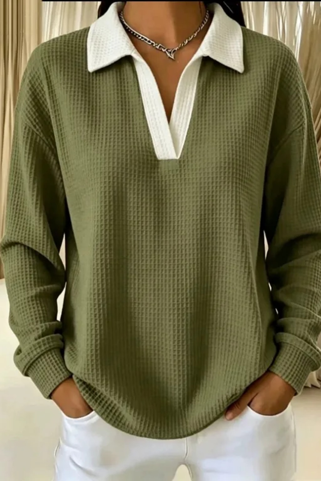 Cotton Waffle Knit Polo Blouse Casual Drop Shoulder - 7