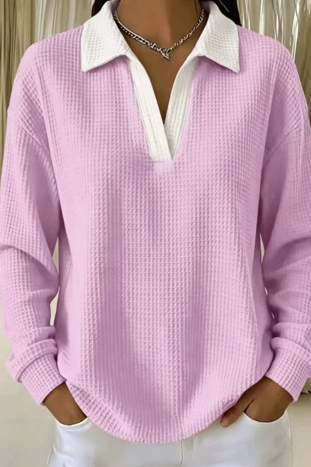 Cotton Waffle Knit Polo Blouse Casual Drop Shoulder - 3