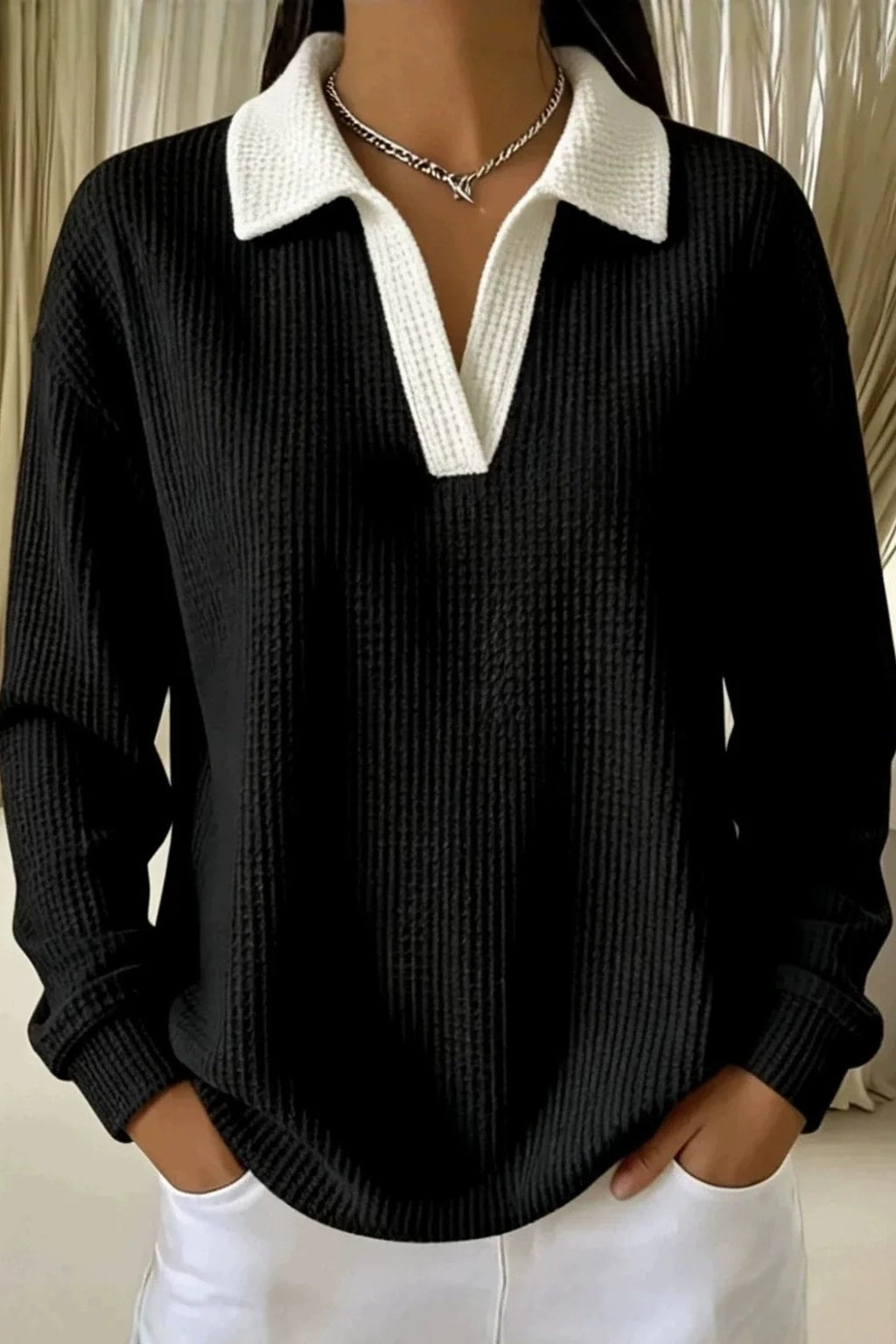 Cotton Waffle Knit Polo Blouse Casual Drop Shoulder - 4
