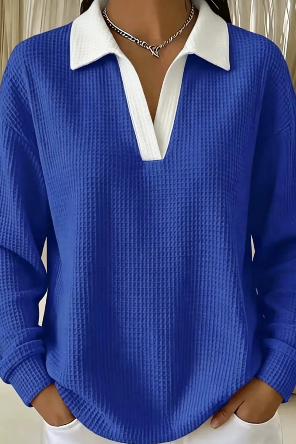 Cotton Waffle Knit Polo Blouse Casual Drop Shoulder - 5