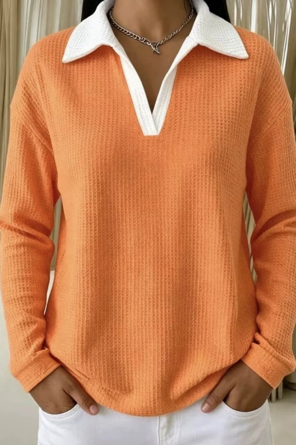 Cotton Waffle Knit Polo Blouse Casual Drop Shoulder - 8