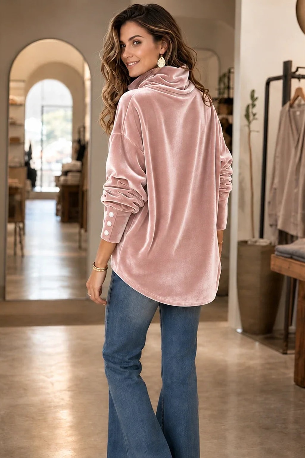 Velvet Blouse Draped Neck Statement Top - 3