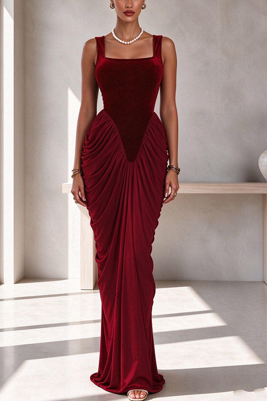 Velvet Maxi Dress Ruched Square Neck Party Wear - 2