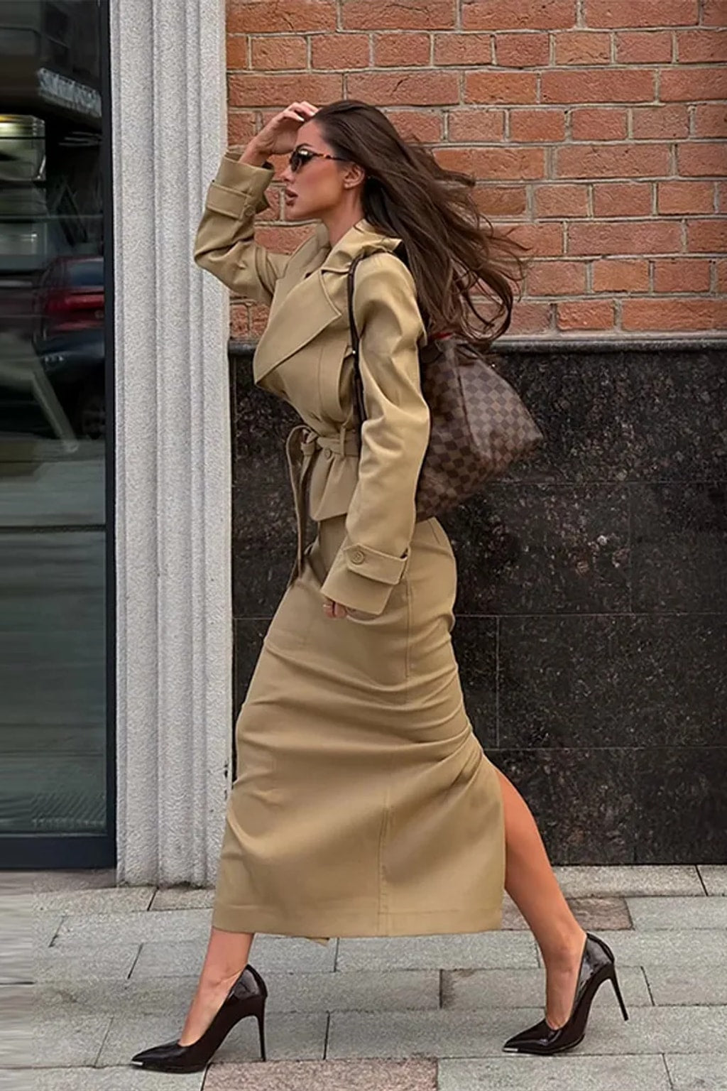 Khaki two-piece set with a cropped double-breasted trench jacket with a tie belt and a pencil maxi skirt