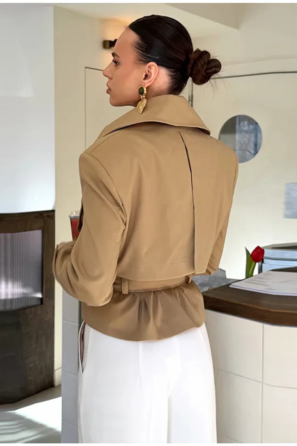 Khaki two-piece set with a cropped double-breasted trench jacket with a tie belt and a pencil maxi skirt