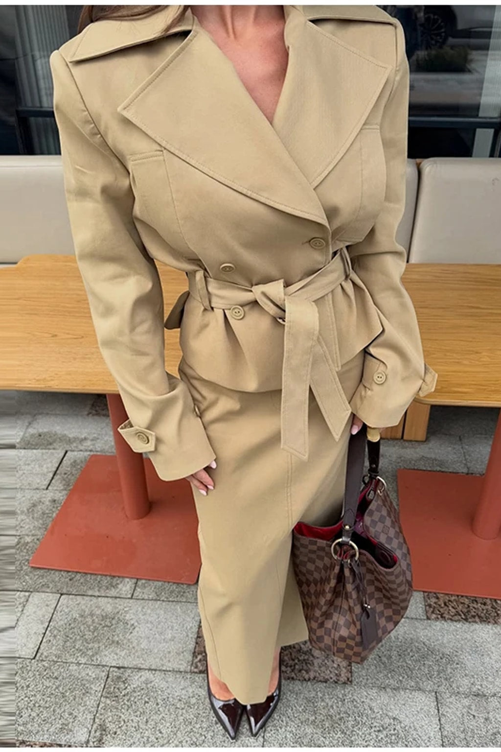 Khaki two-piece set with a cropped double-breasted trench jacket with a tie belt and a pencil maxi skirt