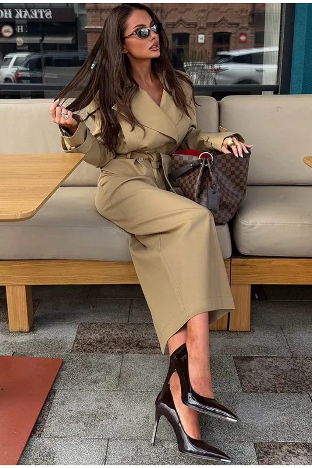 Khaki two-piece set with a cropped double-breasted trench jacket with a tie belt and a pencil maxi skirt