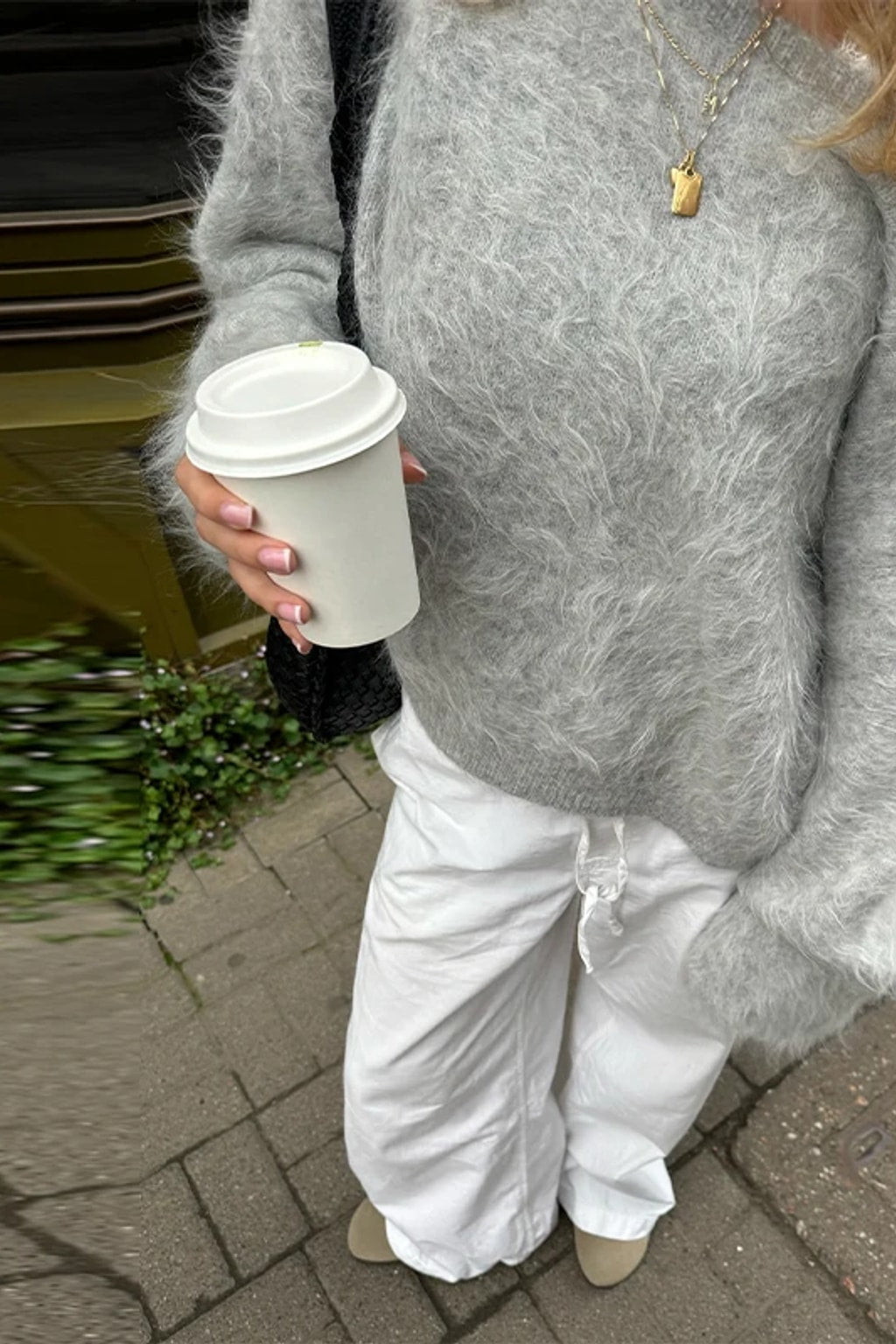 Oversized brushed mohair blend crew neck sweater in camel, brown, cream and yellow stripes