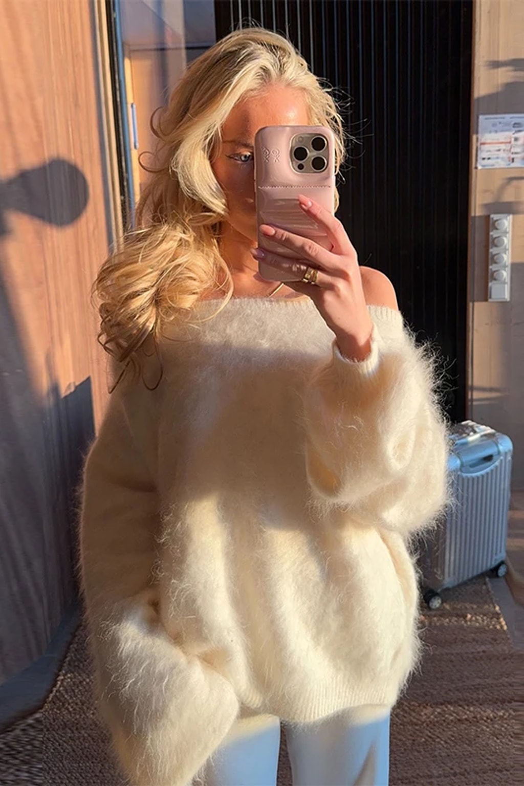Oversized brushed mohair blend crew neck sweater in camel, brown, cream and yellow stripes