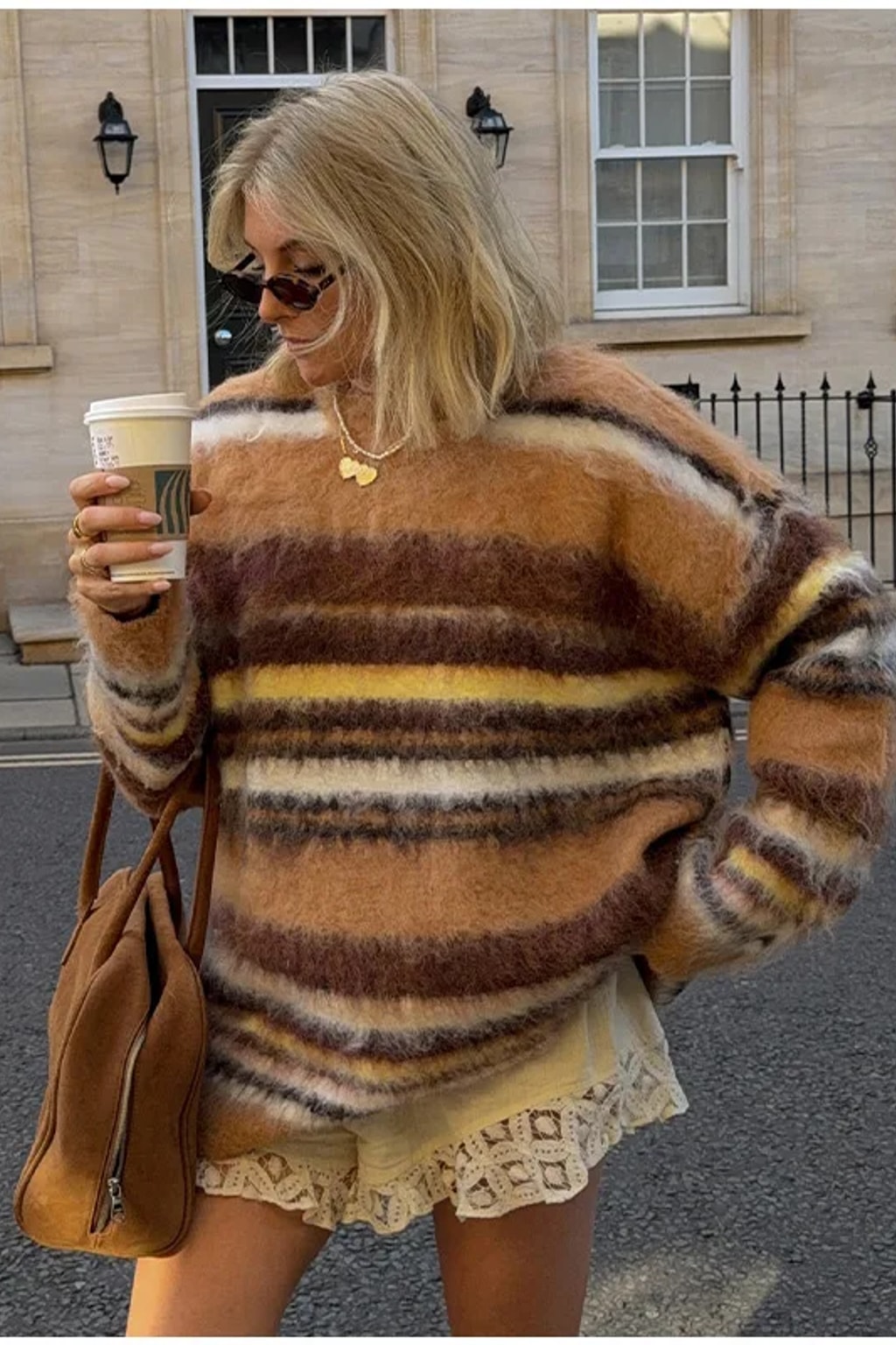 Oversized brushed mohair blend crew neck sweater in camel, brown, cream and yellow stripes