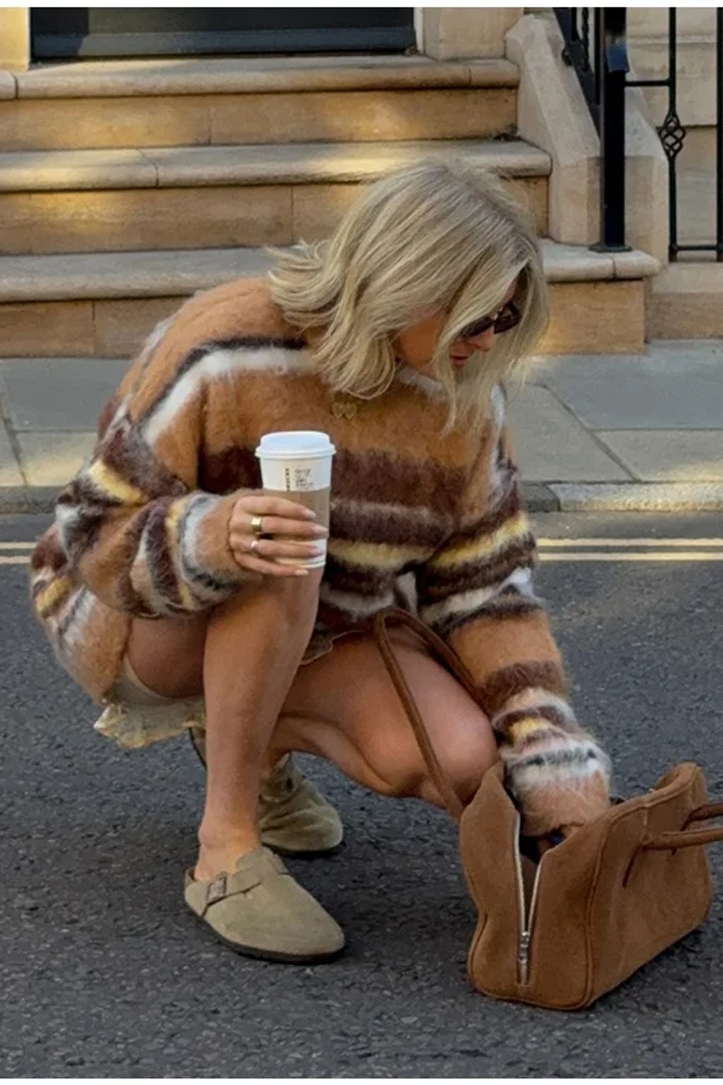 Oversized brushed mohair blend crew neck sweater in camel, brown, cream and yellow stripes