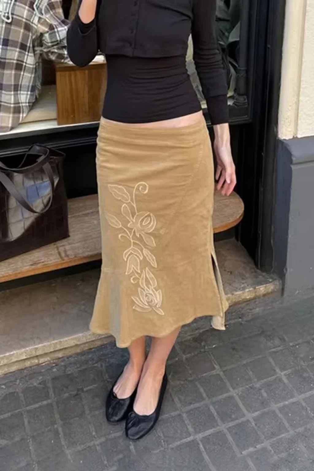Khaki faux suede fishtail midi skirt with tonal floral embroidery down the front and a side split