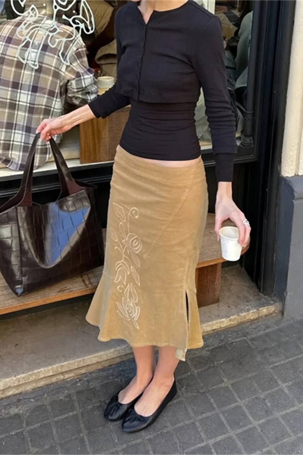Khaki faux suede fishtail midi skirt with tonal floral embroidery down the front and a side split
