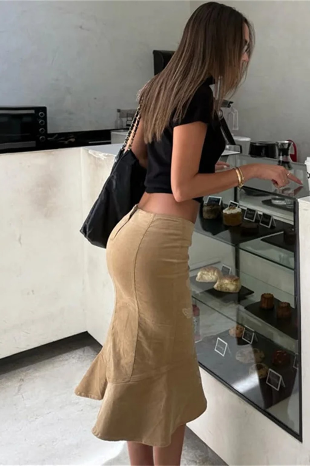 Khaki faux suede fishtail midi skirt with tonal floral embroidery down the front and a side split