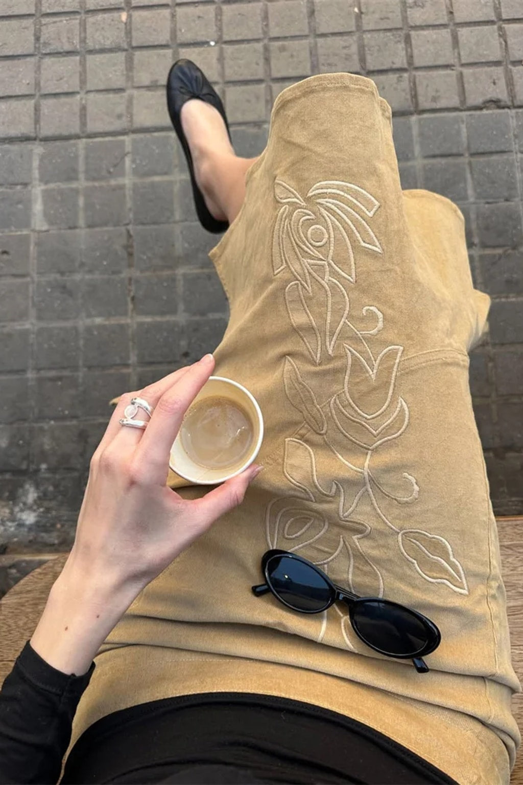 Khaki faux suede fishtail midi skirt with tonal floral embroidery down the front and a side split