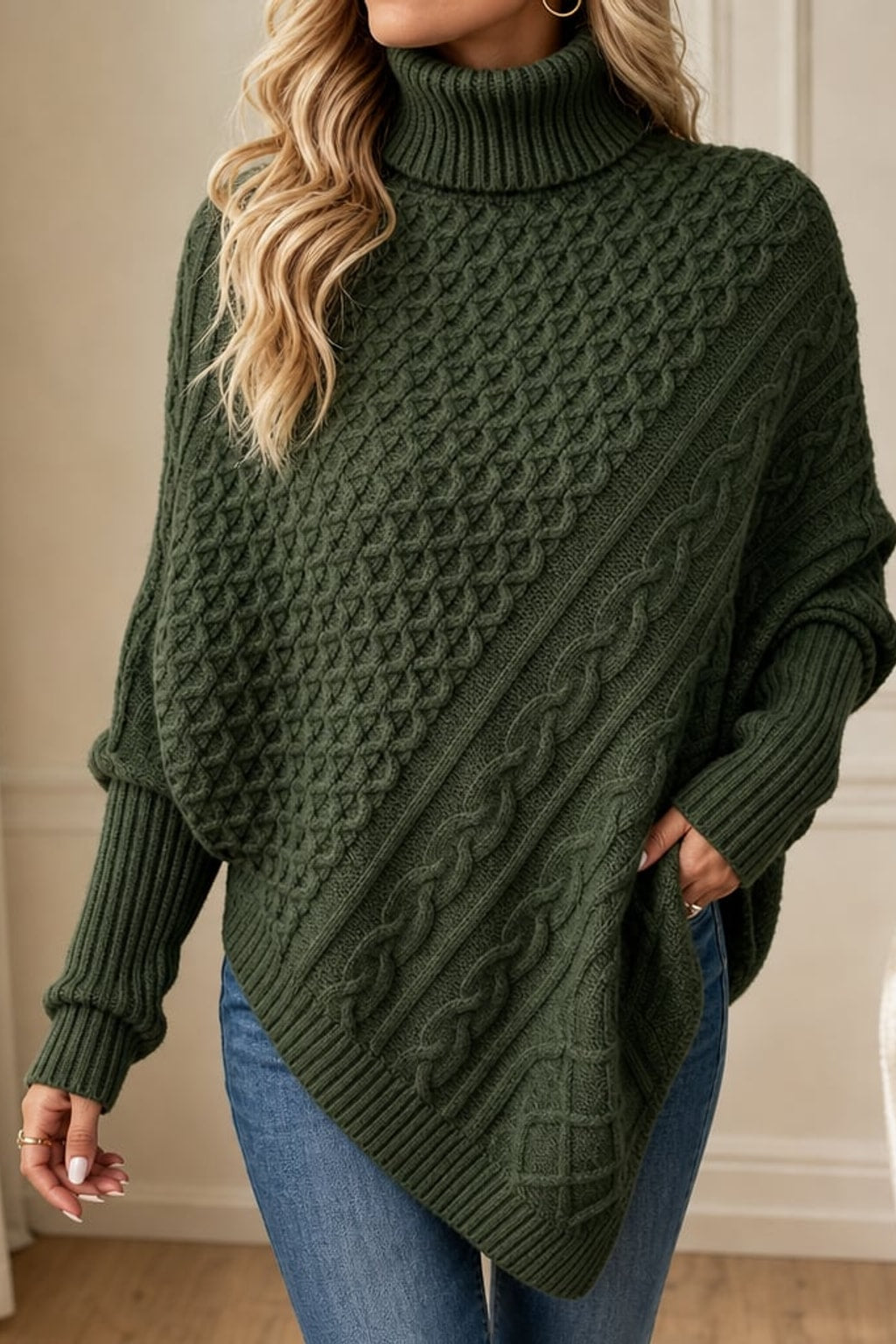 Wool Blend Poncho Sweater Cozy Turtleneck - 3