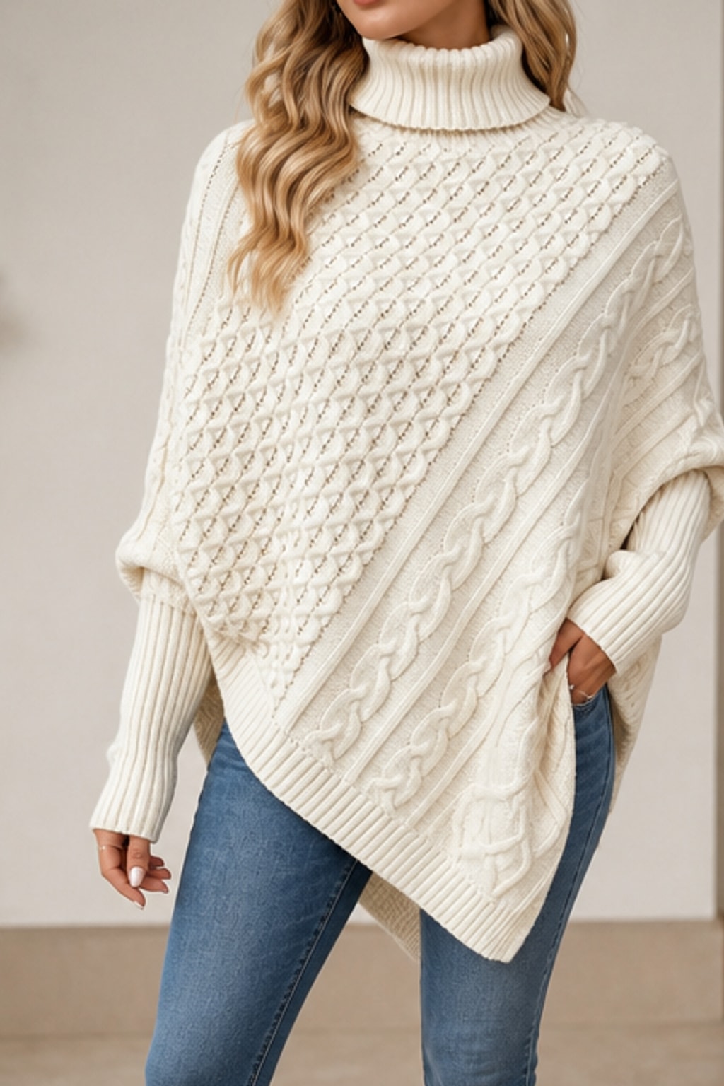 Wool Blend Poncho Sweater Cozy Turtleneck - 5