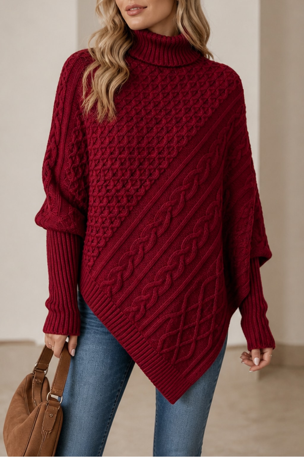 Wool Blend Poncho Sweater Cozy Turtleneck - 6