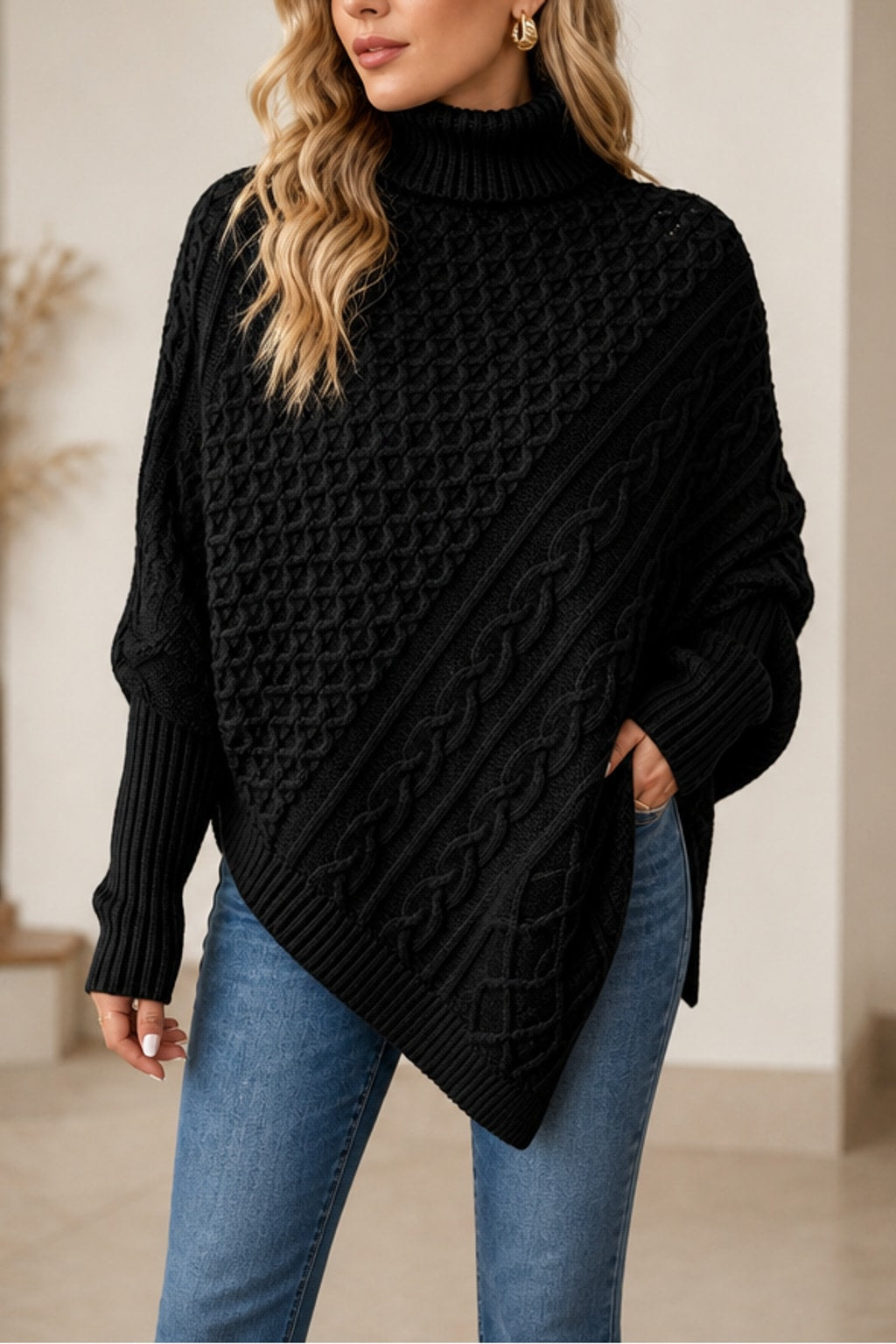 Wool Blend Poncho Sweater Cozy Turtleneck - 7