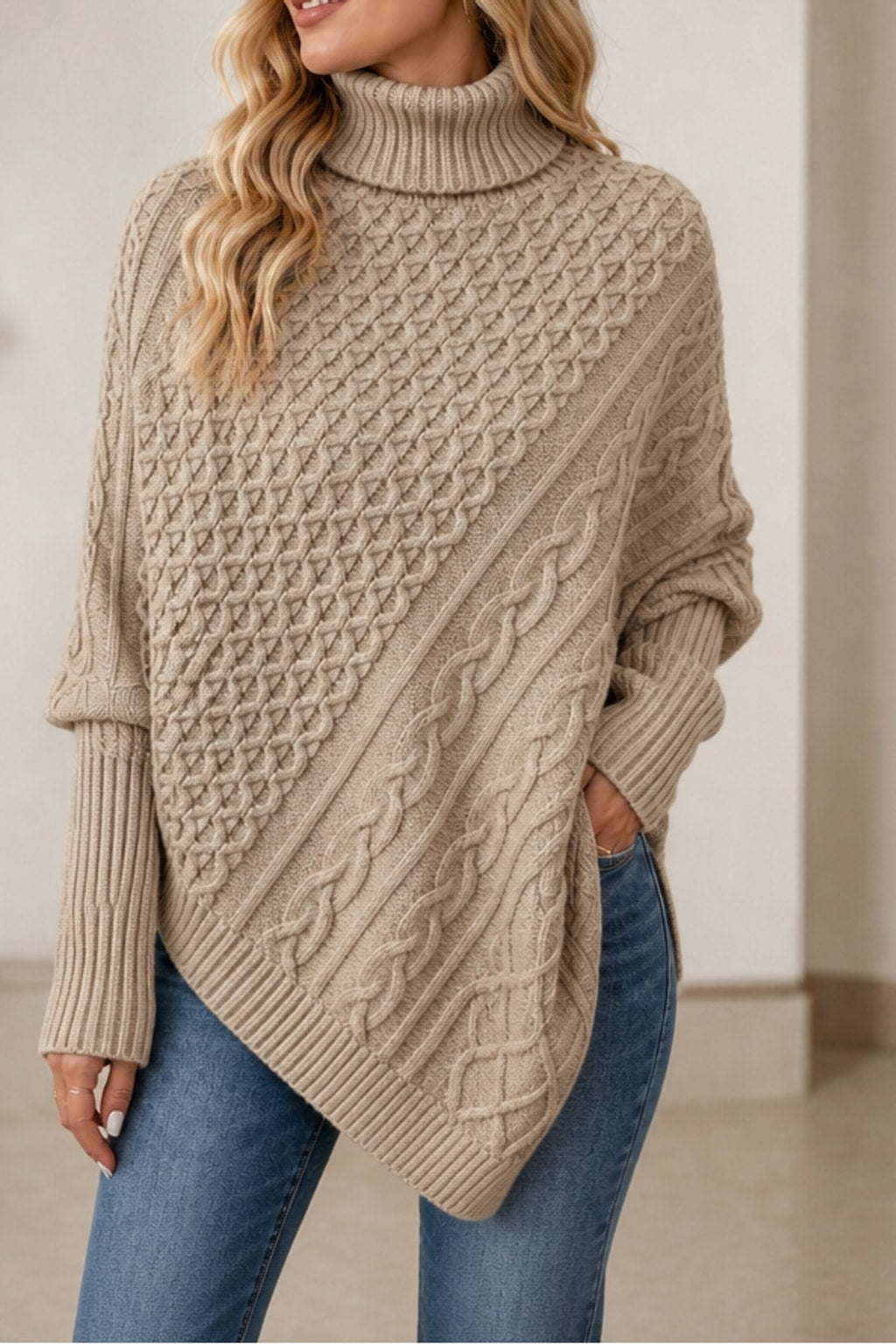 Wool Blend Poncho Sweater Cozy Turtleneck - 8