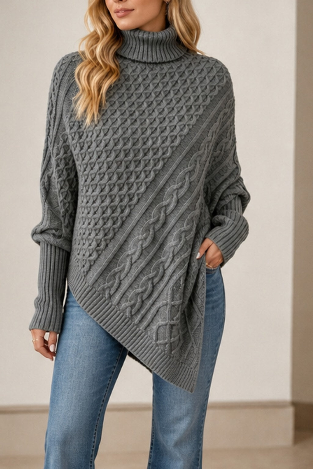 Wool Blend Poncho Sweater Cozy Turtleneck - 9