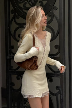 Synthetic Knit Lace Mini Dress With Long Sleeves - 2