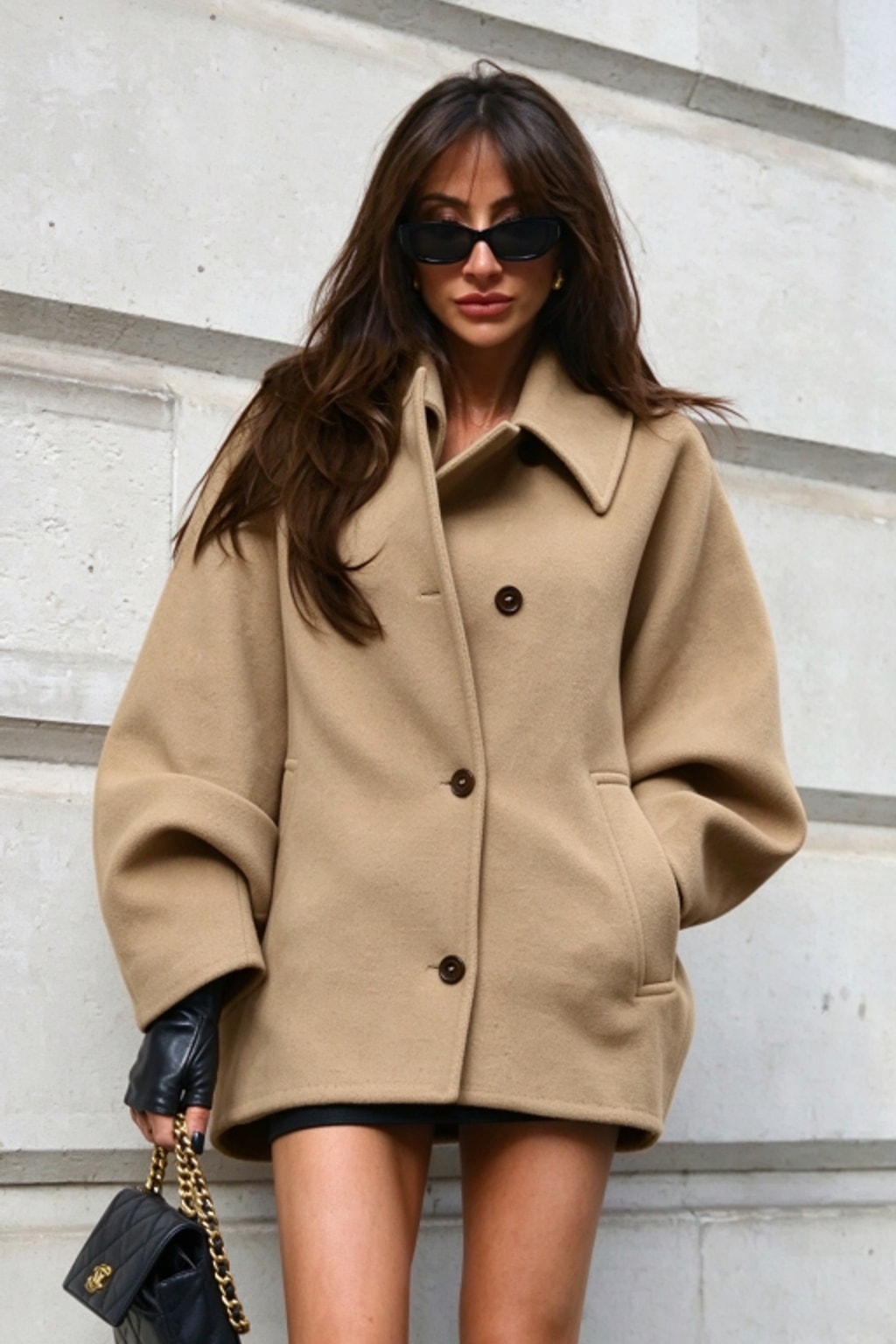 Wool Blend Jacket Cropped Batwing Sleeve - 3