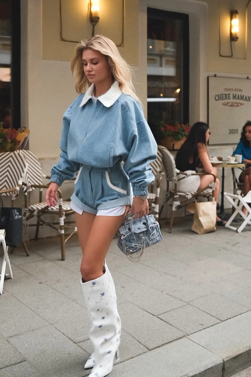 Light blue corduroy set with a cropped zip jacket and high waist shorts trimmed in white faux fur
