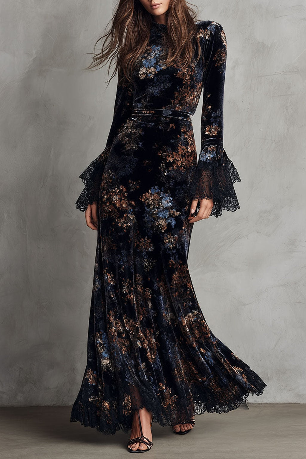 Velvet Maxi Dress Midnight Floral Bell Sleeve - 2