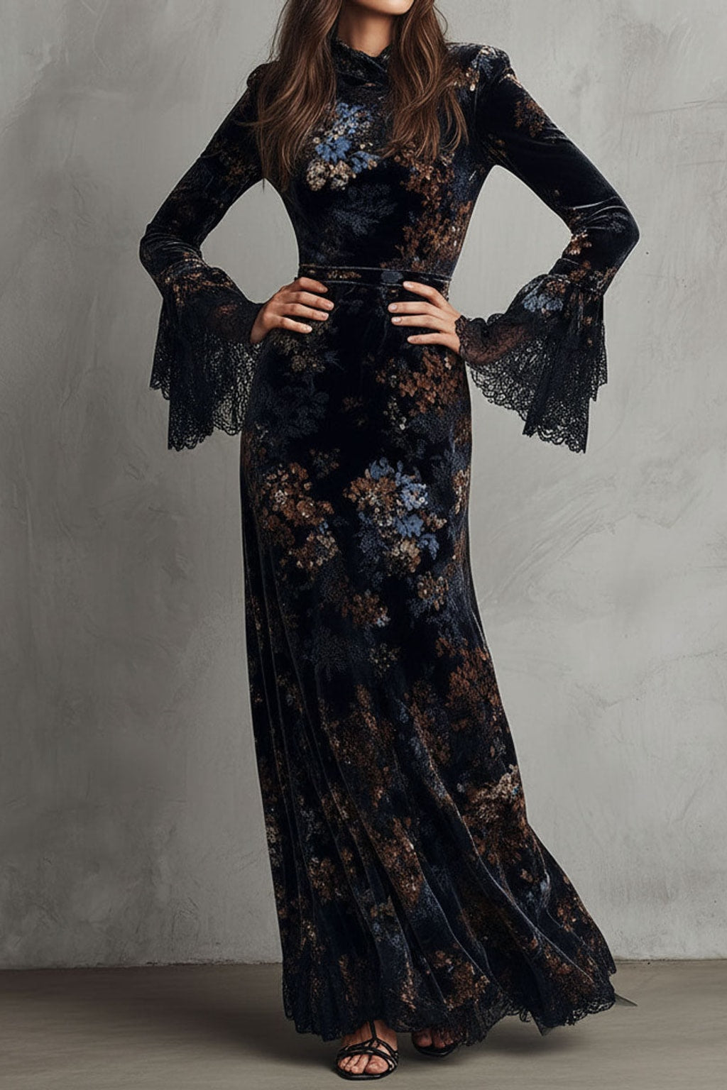 Velvet Maxi Dress Midnight Floral Bell Sleeve - 3