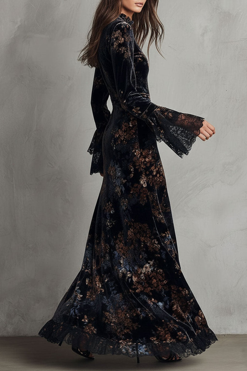 Velvet Maxi Dress Midnight Floral Bell Sleeve - 4