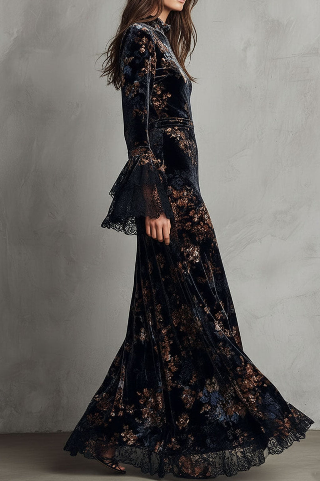 Velvet Maxi Dress Midnight Floral Bell Sleeve - 5