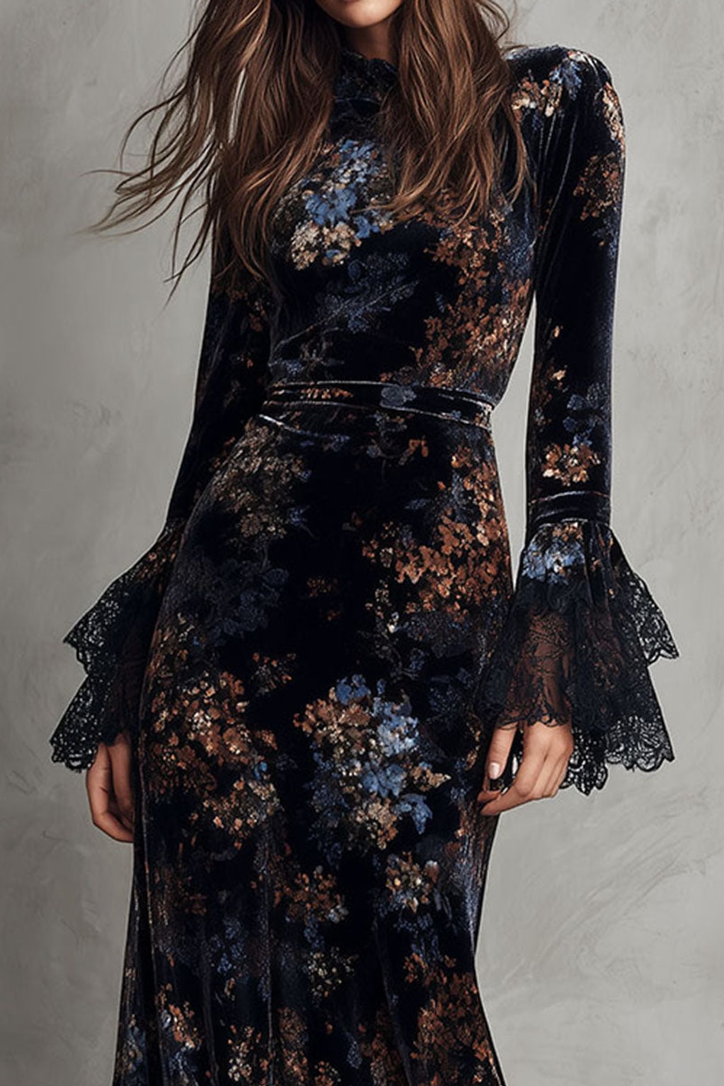 Velvet Maxi Dress Midnight Floral Bell Sleeve - 6