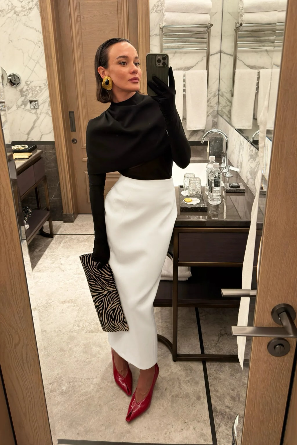 Cream high waist pencil maxi skirt in structured crepe, seamed to a narrow ankle-length line