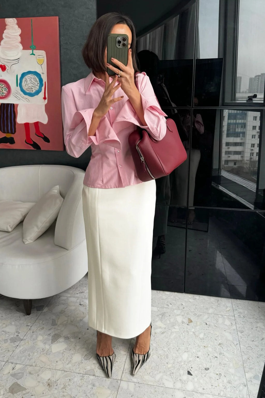 Cream high waist pencil maxi skirt in structured crepe, seamed to a narrow ankle-length line