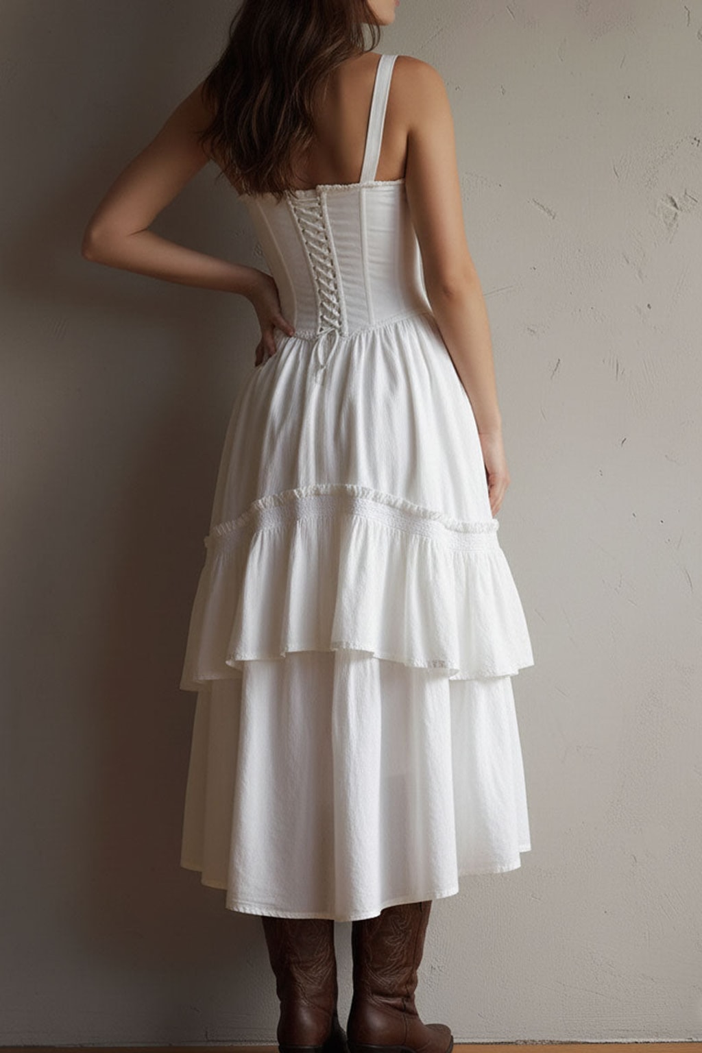 Boho Midi Dress Corset Tiered Lace-Trim - 3